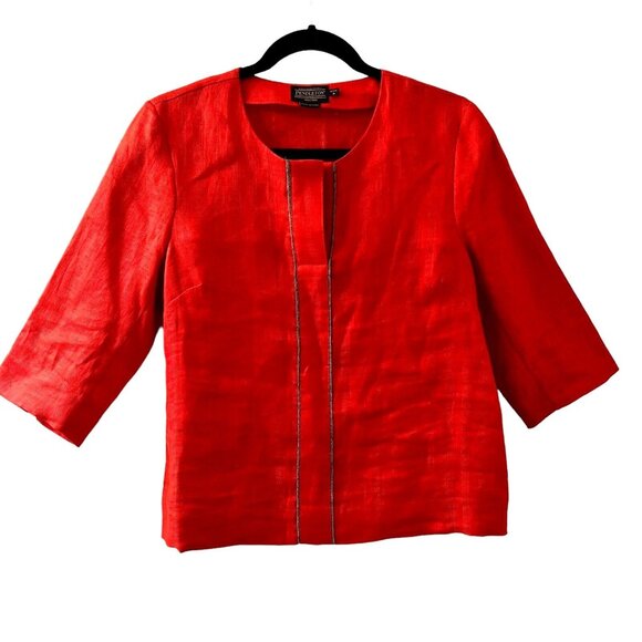 Pendleton Tops - PENDLETON Blouse Womens Petite 8 Red Linen Pullover V Neck Gray Trim 3/4 Sleeve